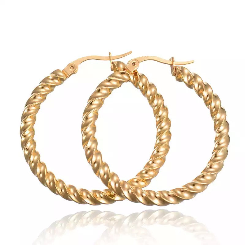 Gold Punk Twisted Loop Circle Round Hoop Earrings