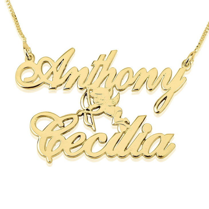 14K Gold Two Names Cupid Nameplate Necklace