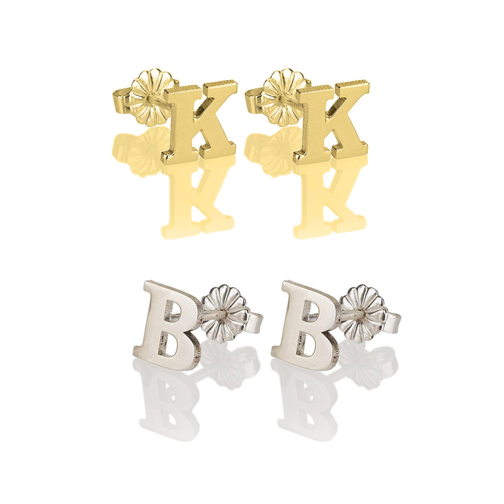 14K Solid Gold Initial Stud Earrings- Print